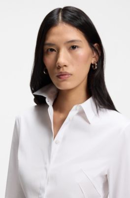 Slim-fit blouse in easy-iron cotton-blend poplin, White