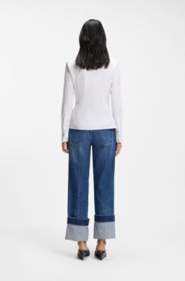 Slim-fit blouse in easy-iron cotton-blend poplin, White