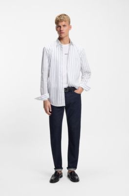 Regular-fit shirt in printed cotton poplin, Light Blue Stripes