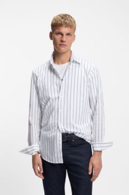 Regular-fit shirt in printed cotton poplin, Light Blue Stripes