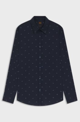 Regular-fit shirt in printed cotton poplin, Blue Patterned