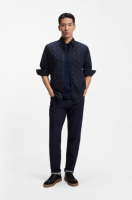 Regular-fit shirt in printed cotton poplin, Blue Patterned