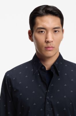 Regular-fit shirt in printed cotton poplin, Blue Patterned