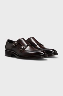 Leather monk shoes with double strap, Dark Brown