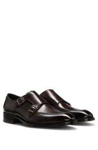 Leather monk shoes with double strap, Dark Brown