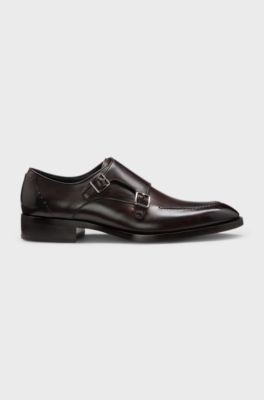 Leather monk shoes with double strap, Dark Brown
