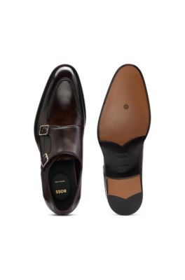 Leather monk shoes with double strap, Dark Brown
