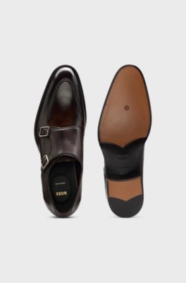 Leather monk shoes with double strap, Dark Brown
