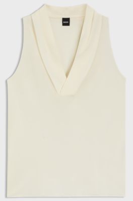 Sleeveless blouse in sandwashed silk with V neckline, Natural