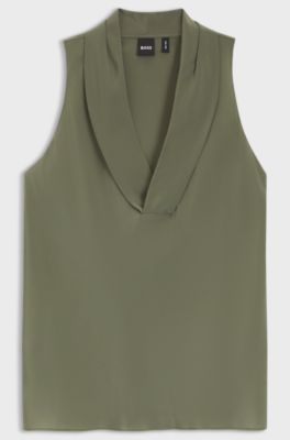 Sleeveless blouse in sandwashed silk with V neckline, Green