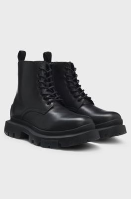 Lace-up leather boots with chunky sole, Black