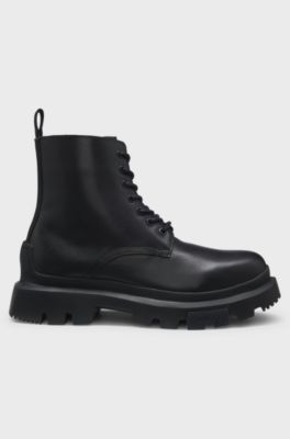 Lace-up leather boots with chunky sole, Black
