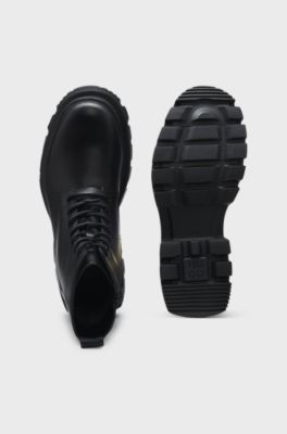 Lace-up leather boots with chunky sole, Black