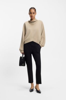 Loose-fit sweatshirt with draped funnel neck, Light Beige