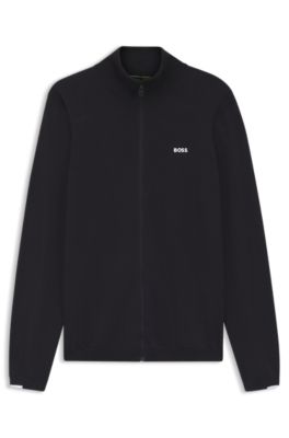 Knitted-cotton cardigan with contrast logo, Dark Blue