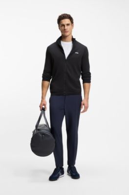 Knitted-cotton cardigan with contrast logo, Dark Blue