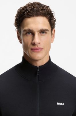 Knitted-cotton cardigan with contrast logo, Dark Blue