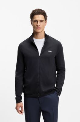 Knitted-cotton cardigan with contrast logo, Dark Blue