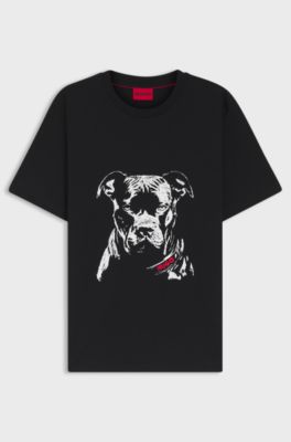 Camiseta de punto de algod&oacute;n con ilustraci&oacute;n de perro, Negro