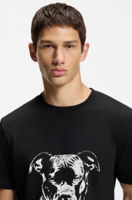 T-Shirt aus Baumwoll-Jersey mit Hunde-Artwork, Schwarz