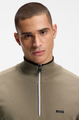 Zip-neck sweater in a mixed-knit cotton blend , Light Brown