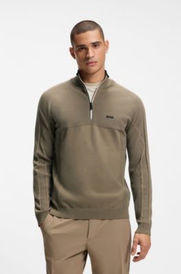 Zip-neck sweater in a mixed-knit cotton blend , Light Brown