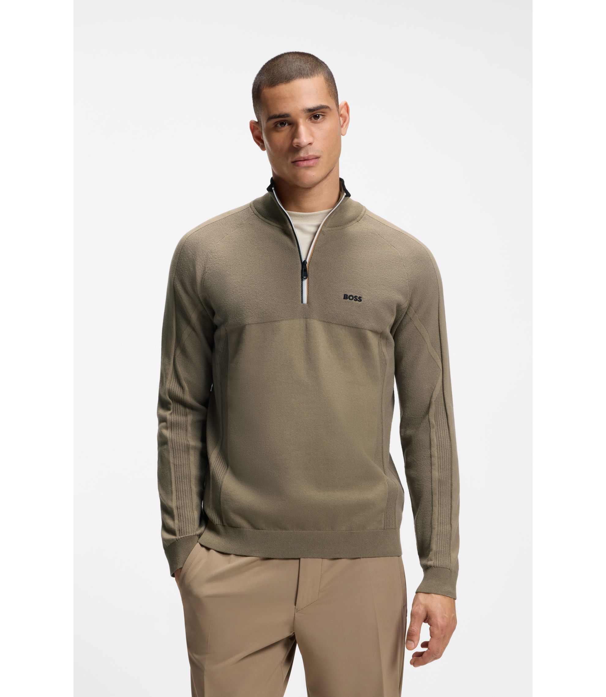 Pullover aus Baumwoll-Mix mit Troyerkragen und Mischstrick