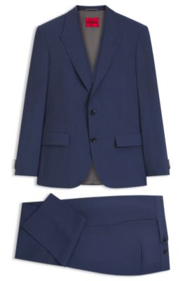 Three-piece slim-fit suit in wool-blend poplin, Blue