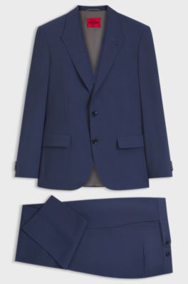 Three-piece slim-fit suit in wool-blend poplin, Blue