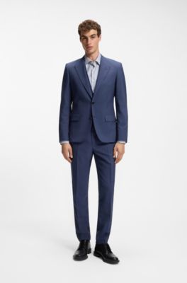 Three-piece slim-fit suit in wool-blend poplin, Blue