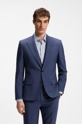 Three-piece slim-fit suit in wool-blend poplin, Blue