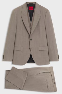 Three-piece slim-fit suit in wool-blend poplin, Light Brown