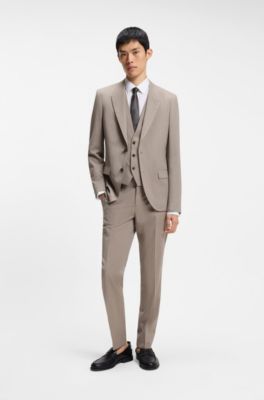 Three-piece slim-fit suit in wool-blend poplin, Light Brown