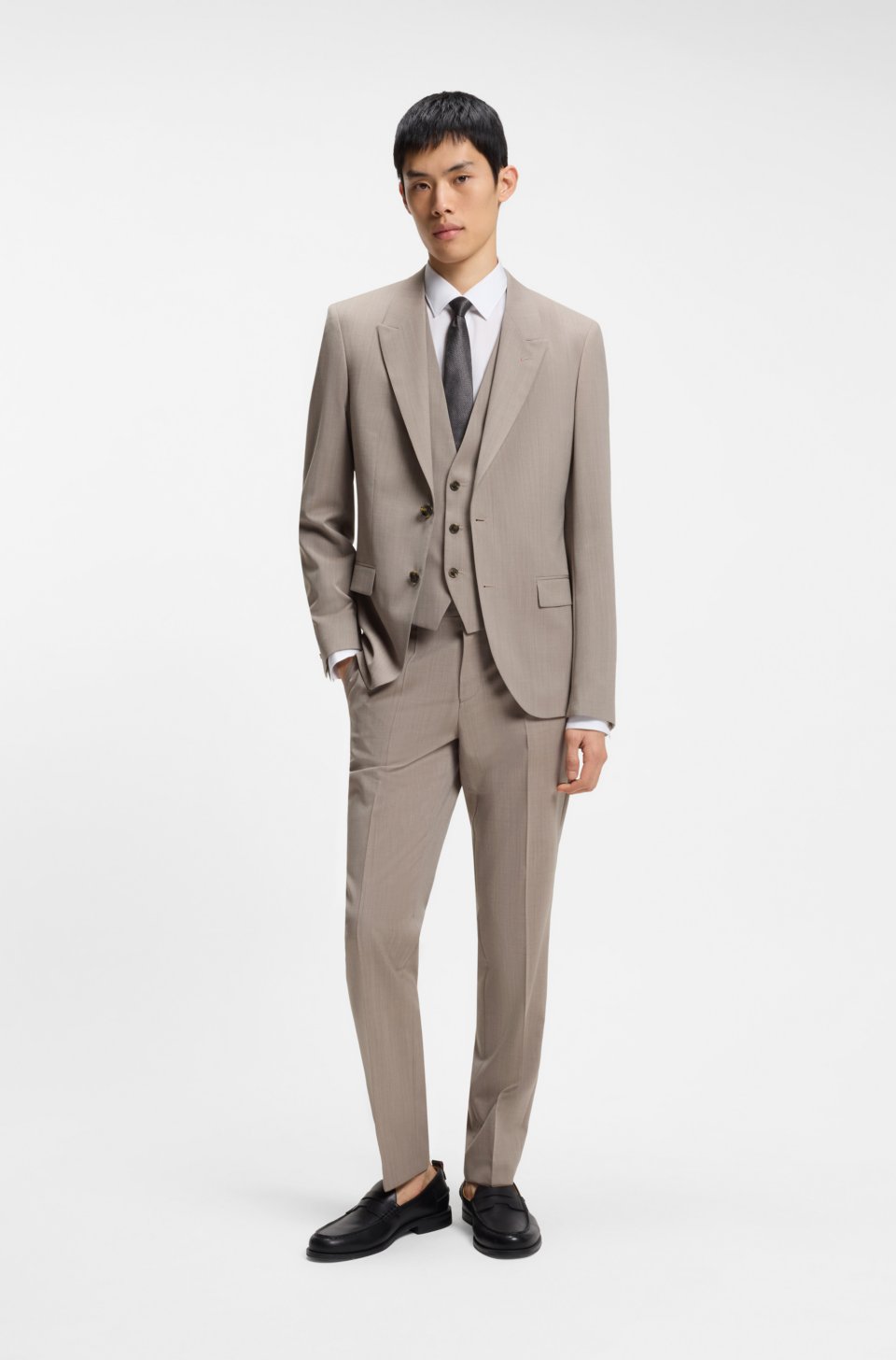 Three-piece slim-fit suit in wool-blend poplin