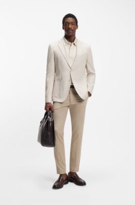 Slim fit-byxor i stretchig bomullsdobby, Beige