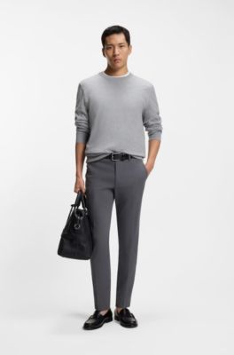 Slim-fit trousers in stretch-cotton dobby, Dark Blue