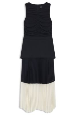 Sleeveless dress with pliss&eacute; chiffon skirt, White / Dark Blue
