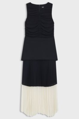 Sleeveless dress with pliss&eacute; chiffon skirt, White / Dark Blue