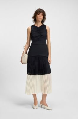 Sleeveless dress with pliss&eacute; chiffon skirt, White / Dark Blue