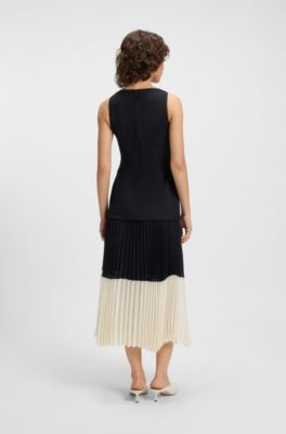 Sleeveless dress with pliss&eacute; chiffon skirt, White / Dark Blue