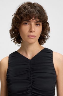 Sleeveless dress with pliss&eacute; chiffon skirt, White / Dark Blue