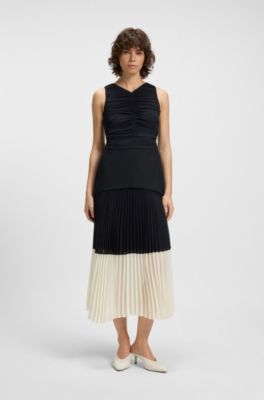 Sleeveless dress with pliss&eacute; chiffon skirt, White / Dark Blue