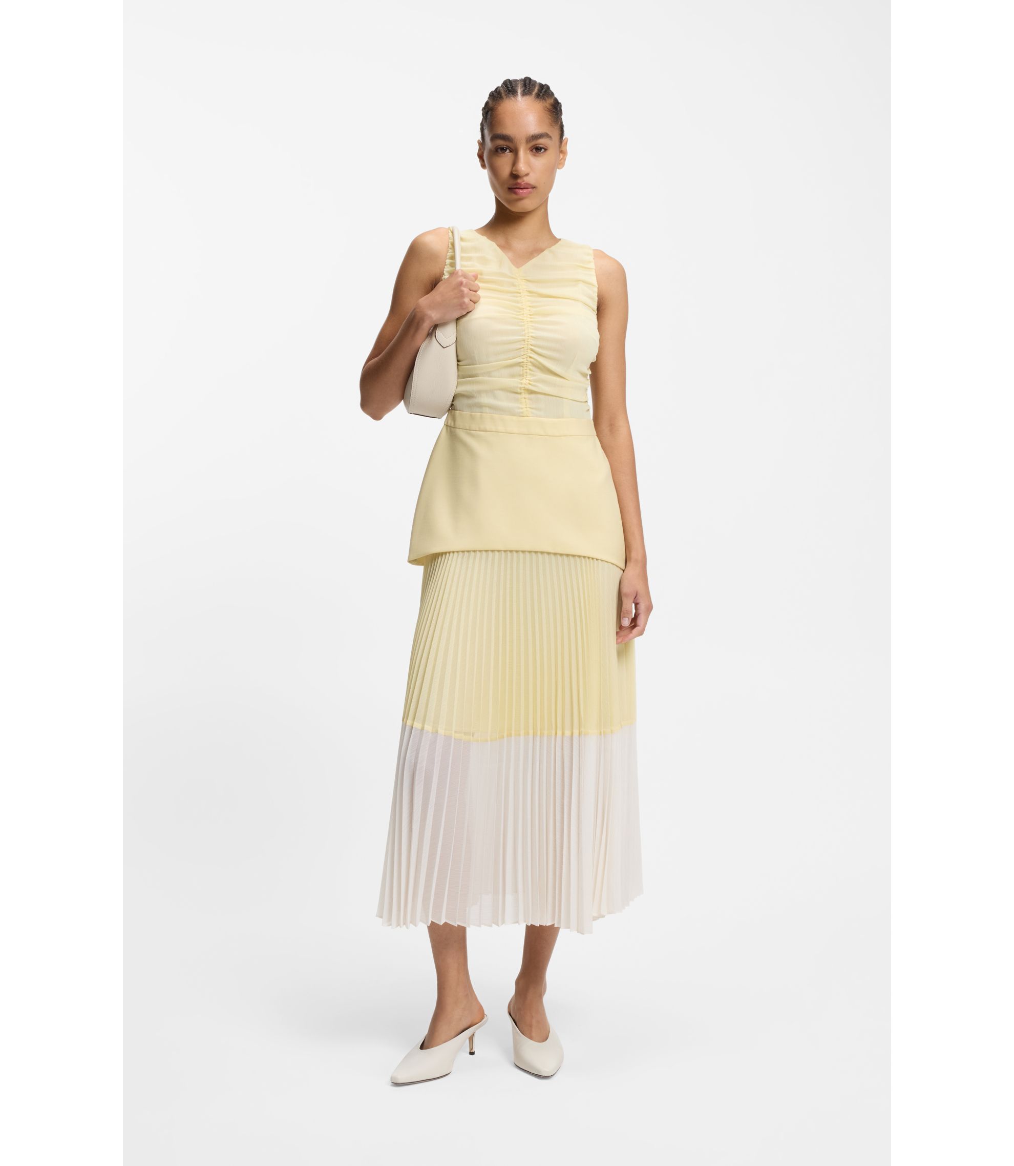BOSS Sleeveless dress with plissé chiffon skirt Light Yellow