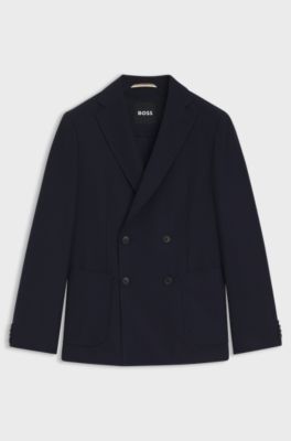 Double-breasted blazer in cotton and virgin-wool seersucker, Dark Blue
