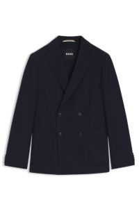 Double-breasted blazer in cotton and virgin-wool seersucker, Dark Blue