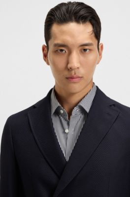 Double-breasted blazer in cotton and virgin-wool seersucker, Dark Blue