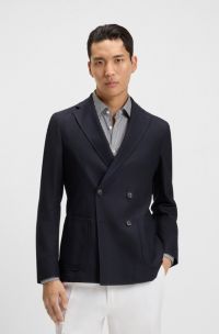 Double-breasted blazer in seersucker van katoen en scheerwol, Donkerblauw