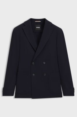 Slim-fit jacket in patterned wool, cotton and stretch, Dark Blue