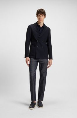Slim-fit jacket in patterned wool, cotton and stretch, Dark Blue