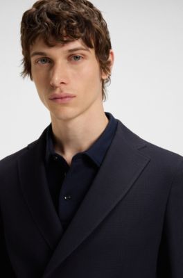 Slim-fit jacket in patterned wool, cotton and stretch, Dark Blue